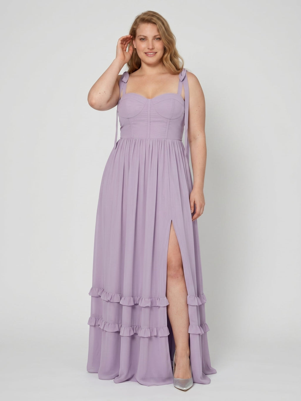 Coquette Lavender Chiffon A-Line Straight Neck Backless Ankle-Length Plus Size Bridesmaid Dress - Curvevia