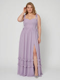 Coquette Lavender Chiffon A-Line Straight Neck Backless Ankle-Length Plus Size Bridesmaid Dress - Curvevia