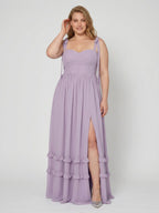 Coquette Lavender Chiffon A-Line Straight Neck Backless Ankle-Length Plus Size Bridesmaid Dress - Curvevia