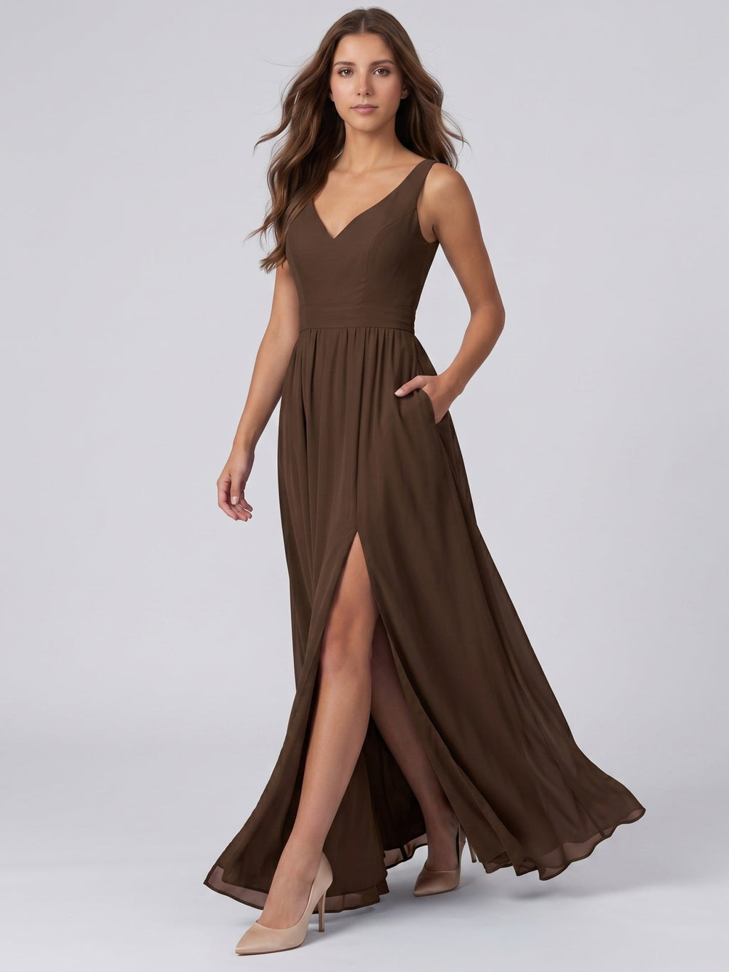 Mocha Chiffon A-Line V-Neck Backless Floor-Length Pleated Bridesmaid Dress - Curvevia