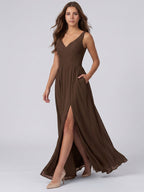 Mocha Chiffon A-Line V-Neck Backless Floor-Length Pleated Bridesmaid Dress - Curvevia
