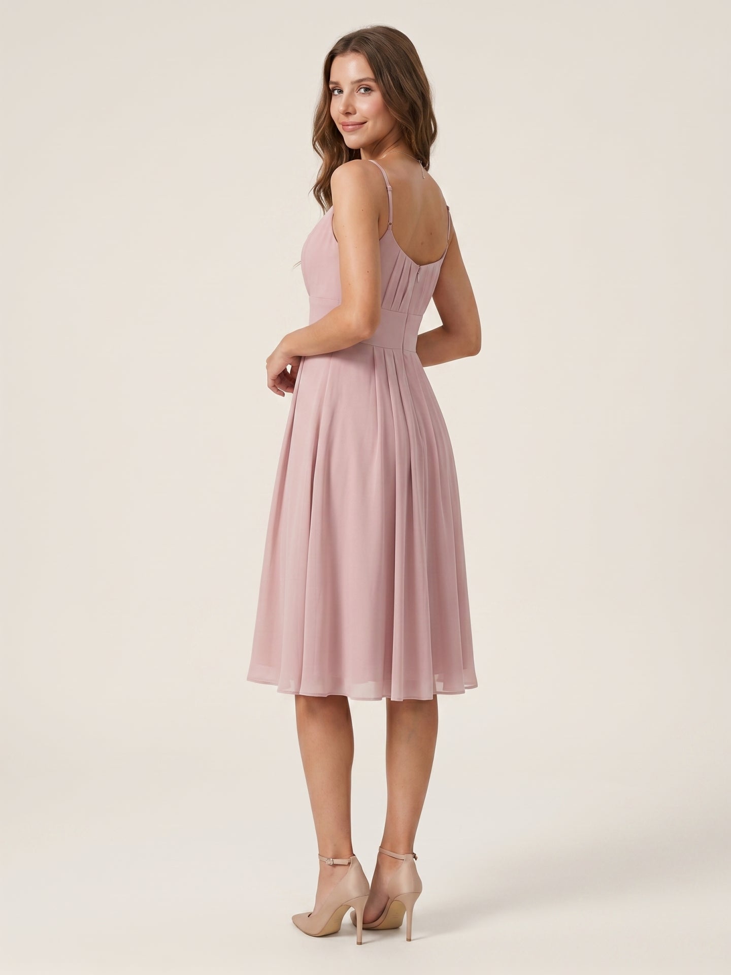 Coquette Dusty Rose Chiffon A-Line Straight Neck Back Zip with nan Knee-Length Bridesmaid Dress - Curvevia