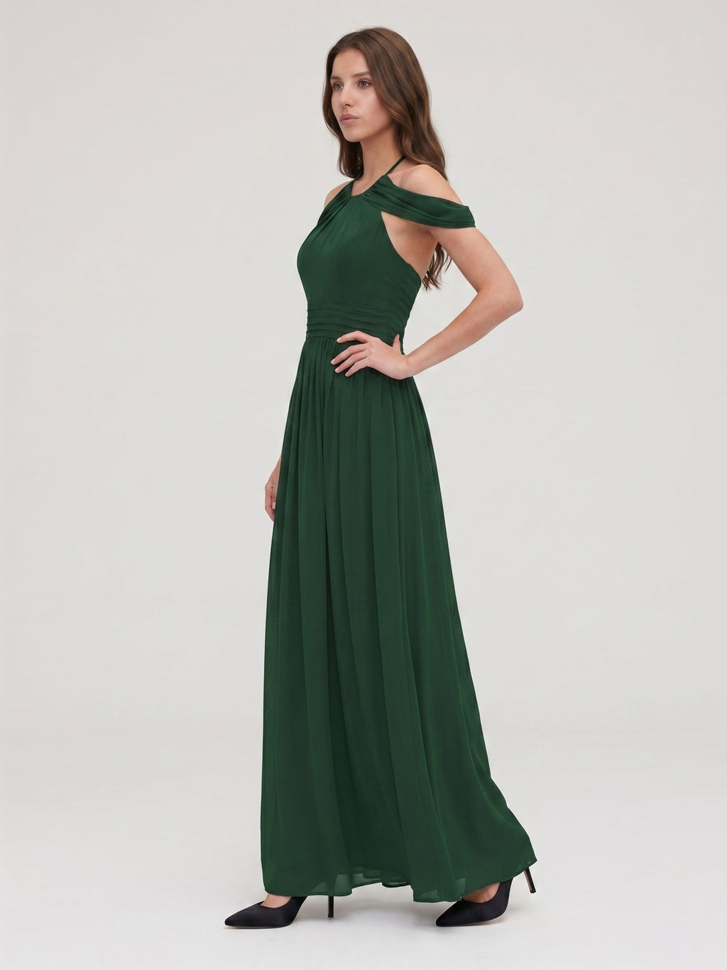 Forest Green Chiffon A-Line Scoop Neck Backless Floor-Length Pleated Bridesmaid Dress - Curvevia
