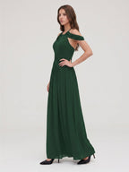 Forest Green Chiffon A-Line Scoop Neck Backless Floor-Length Pleated Bridesmaid Dress - Curvevia