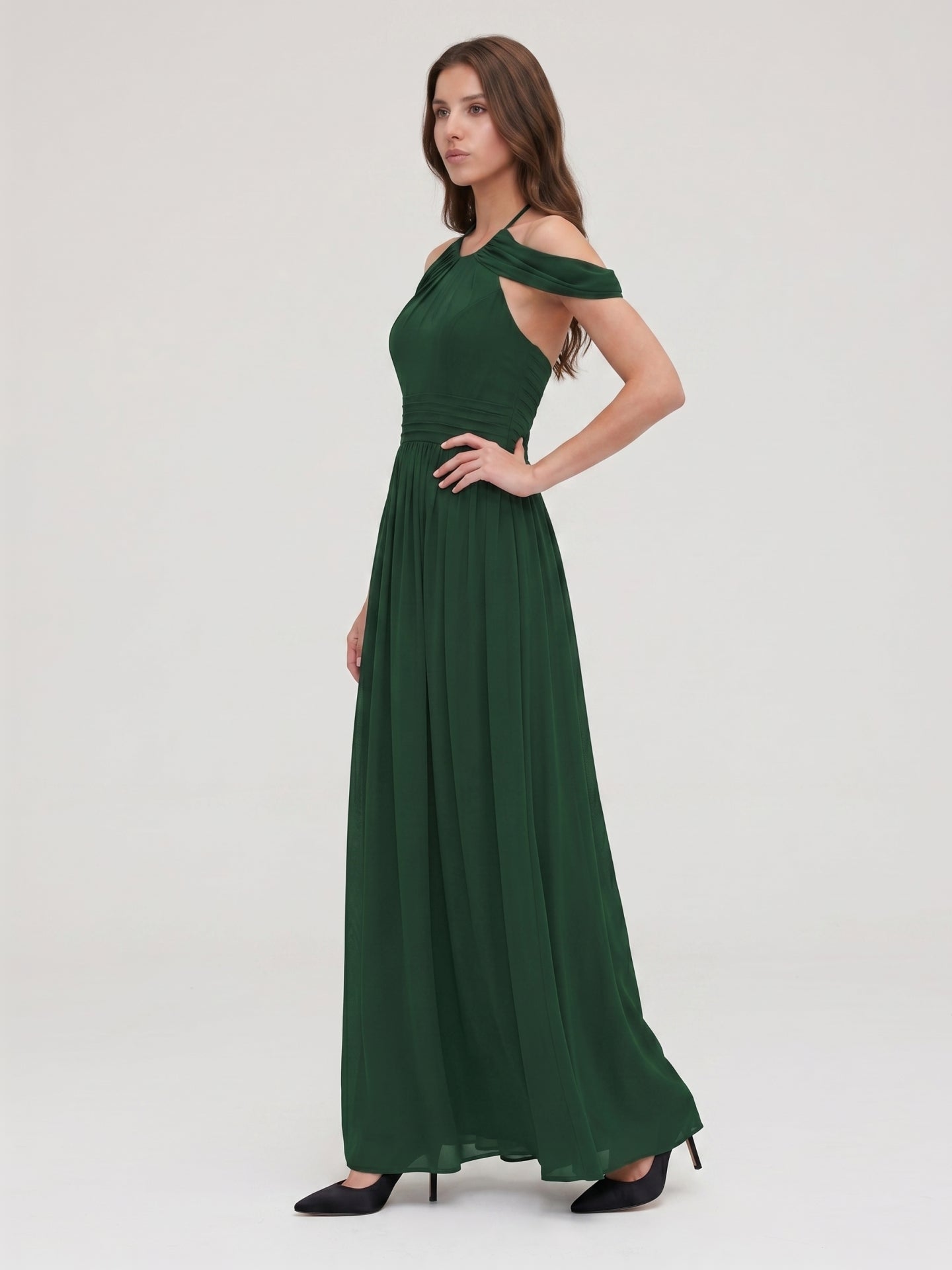 Forest Green Chiffon A-Line Scoop Neck Backless Floor-Length Pleated Bridesmaid Dress - Curvevia