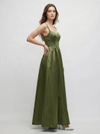 Olive Green Satin A-Line Scoop Neck Backless Floor-Length Bridesmaid Dress with Pockets - Curvevia
