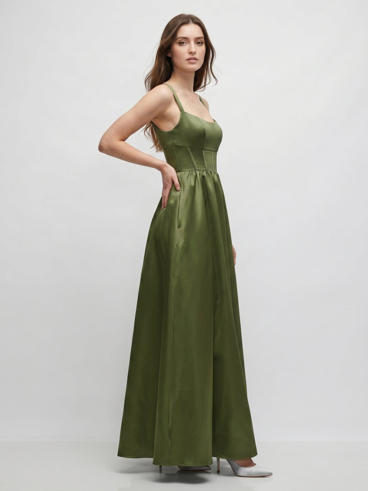 Olive Green Satin A-Line Scoop Neck Backless Floor-Length Bridesmaid Dress with Pockets - Curvevia