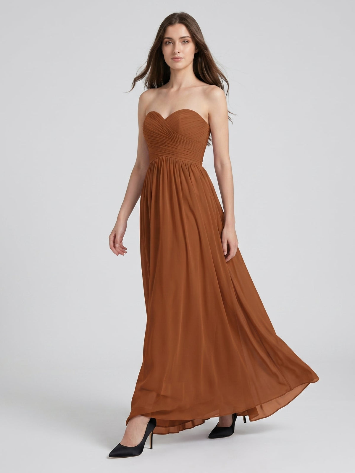 Terracotta Chiffon A-Line Off-the-Shoulder Back Zip Floor-Length Pleated Bridesmaid Dress - Curvevia