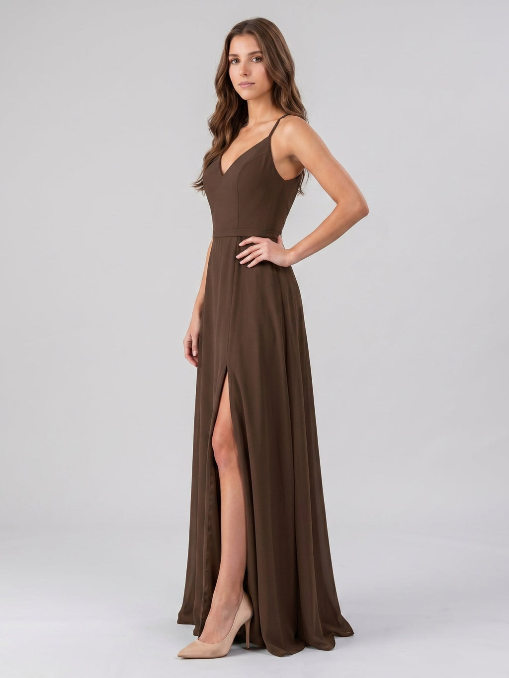 Mocha Chiffon A-Line V-Neck Backless Floor-Length Bridesmaid Dress - Curvevia