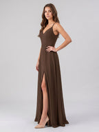 Mocha Chiffon A-Line V-Neck Backless Floor-Length Bridesmaid Dress - Curvevia