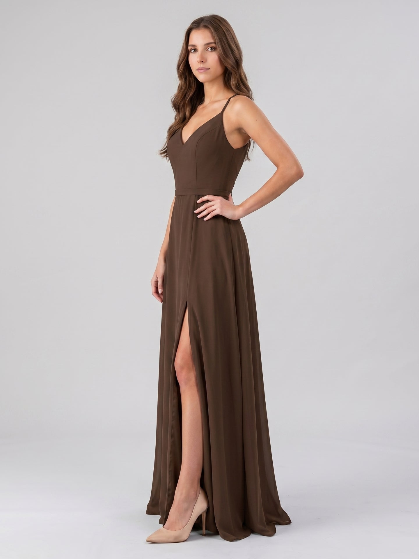 Mocha Chiffon A-Line V-Neck Backless Floor-Length Bridesmaid Dress - Curvevia