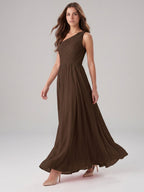 Mocha Chiffon A-Line One Shoulder Back Zip Floor-Length Pleated Bridesmaid Dress - Curvevia