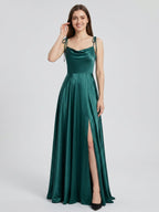 Peacock Satin A-Line Cowl Neck Backless Floor-Length Pleated Bridesmaid Dress - Curvevia