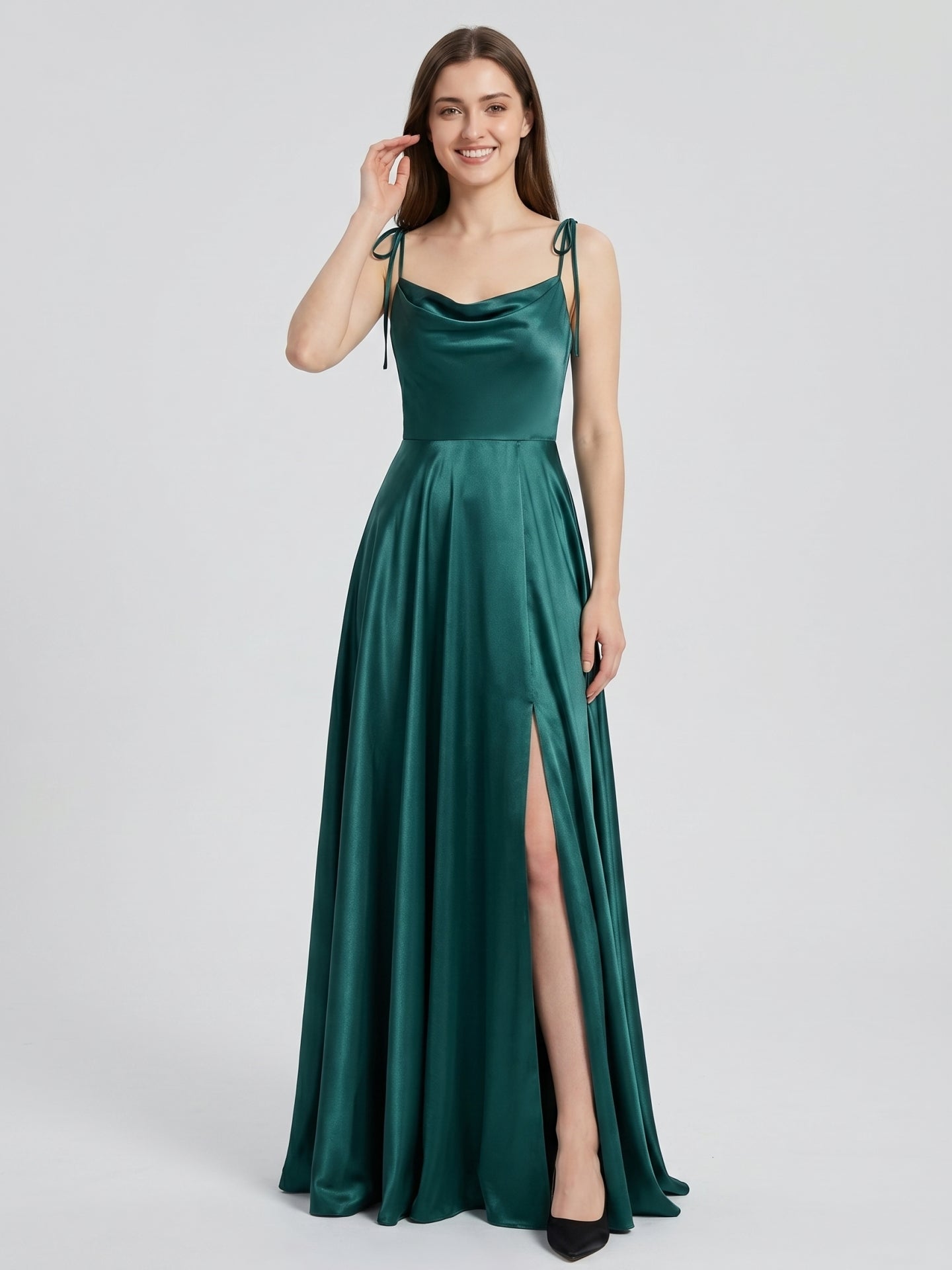 Peacock Satin A-Line Cowl Neck Backless Floor-Length Pleated Bridesmaid Dress - Curvevia