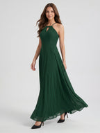 Forest Green Chiffon A-Line Halter Backless Floor-Length Bridesmaid Dress - Curvevia