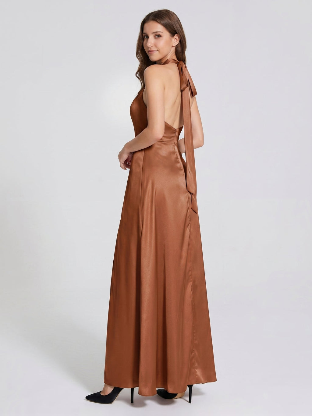 Terracotta Satin A-Line Halter Lace-Up Back Floor-Length Bridesmaid Dress with Bow - Curvevia