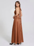 Terracotta Satin A-Line Halter Lace-Up Back Floor-Length Bridesmaid Dress with Bow - Curvevia