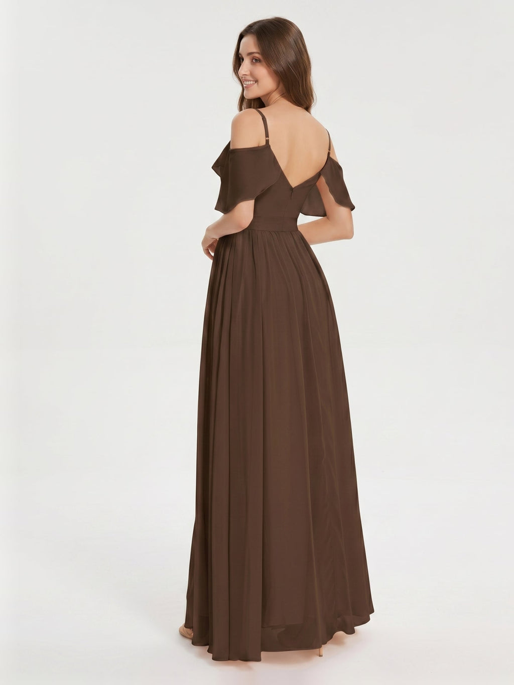 Mocha Chiffon A-Line Off-the-Shoulder V-Back Floor-Length Ruffle Bridesmaid Dress - Curvevia