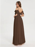 Mocha Chiffon A-Line Off-the-Shoulder V-Back Floor-Length Ruffle Bridesmaid Dress - Curvevia