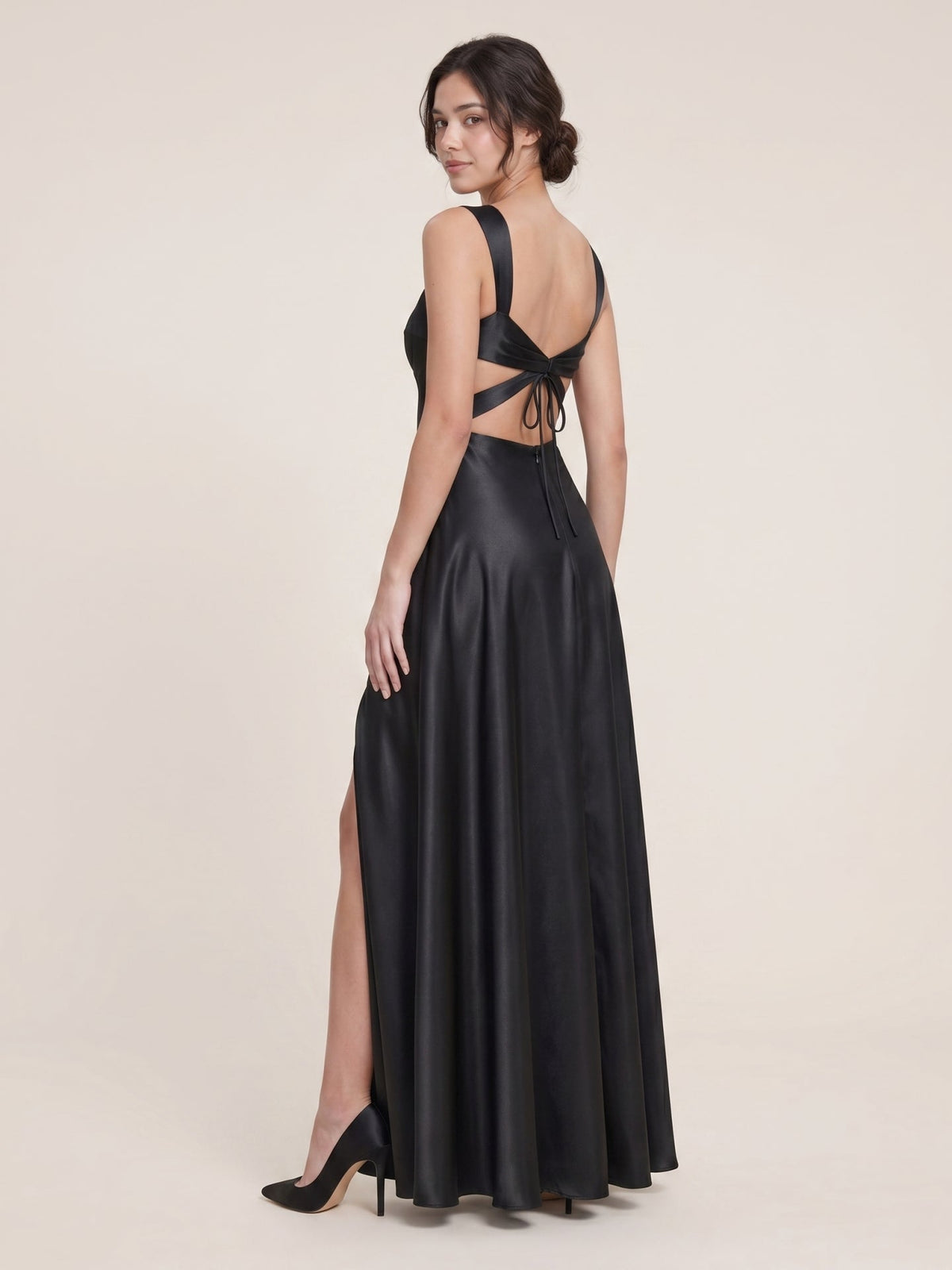 Elegant Black Satin A-Line Scoop Neck Backless Ankle-Length Bridesmaid Dress - Curvevia