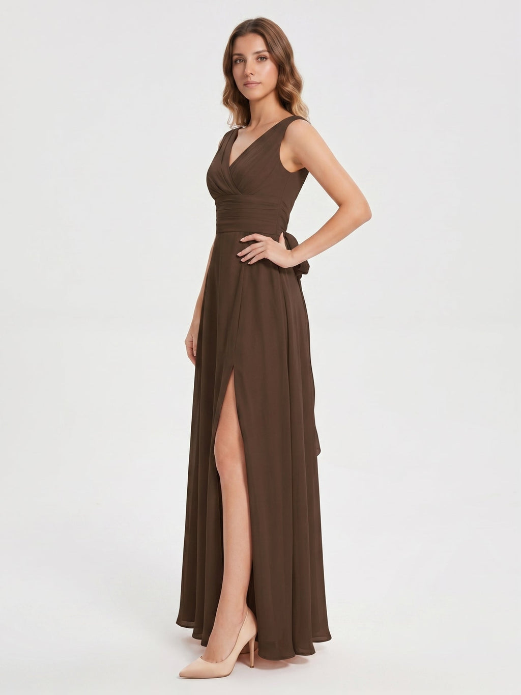Mocha Chiffon A-Line V-Neck V-Back Ankle-Length Bridesmaid Dress with Bow - Curvevia