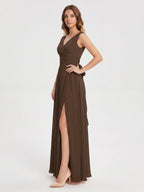 Mocha Chiffon A-Line V-Neck V-Back Ankle-Length Bridesmaid Dress with Bow - Curvevia