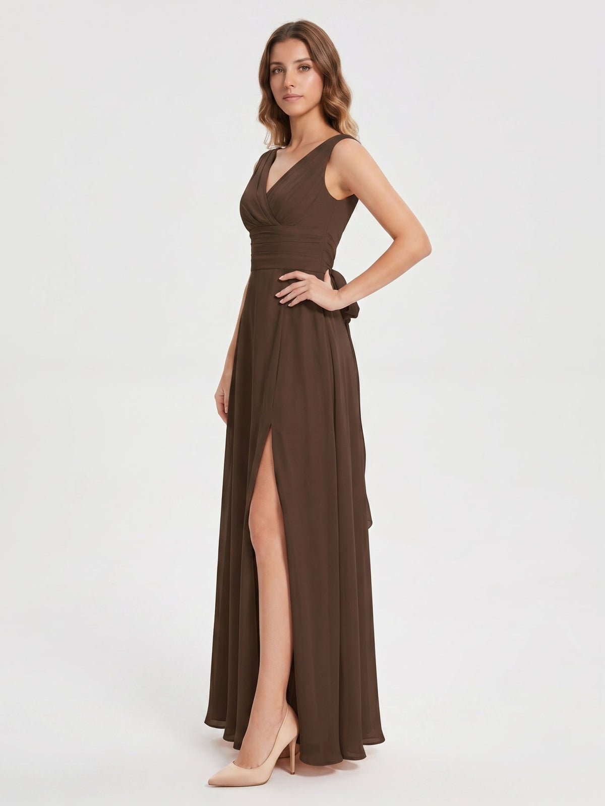 Mocha Chiffon A-Line V-Neck V-Back Ankle-Length Bridesmaid Dress with Bow - Curvevia