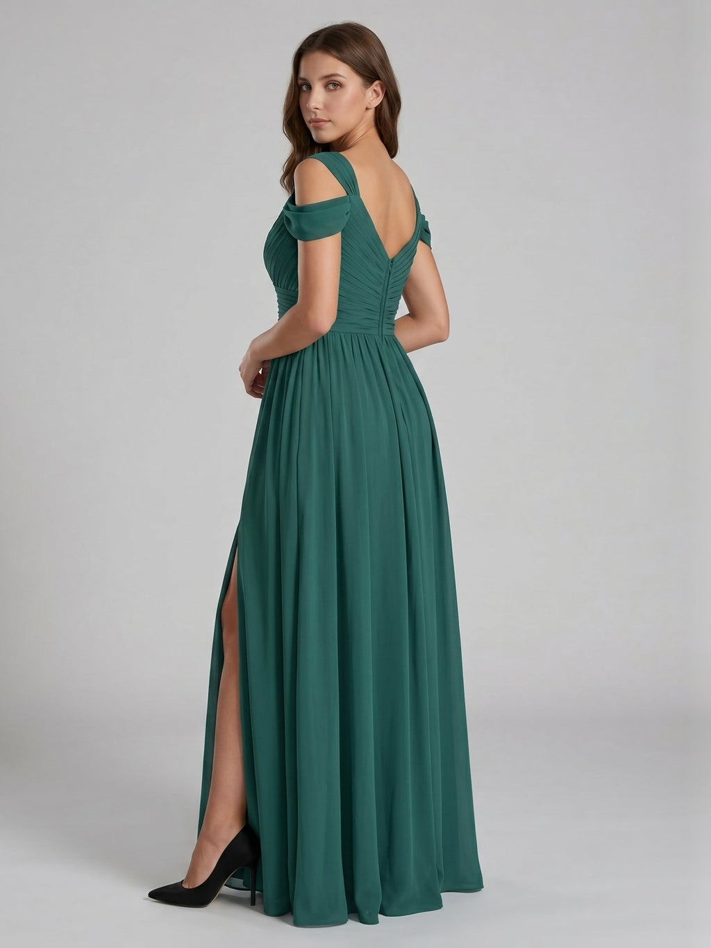 Peacock Chiffon A-Line V-Neck V-Back Floor-Length Pleated Bridesmaid Dress - Curvevia