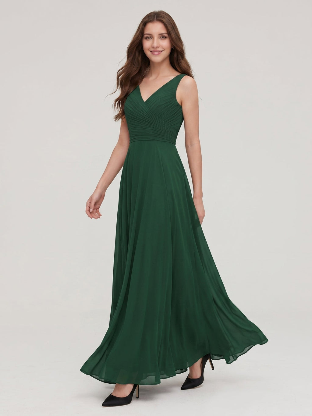 Forest Green Chiffon A-Line V-Neck V-Back Floor-Length Pleated Bridesmaid Dress - Curvevia