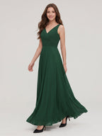 Forest Green Chiffon A-Line V-Neck V-Back Floor-Length Pleated Bridesmaid Dress - Curvevia