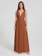 Terracotta Tulle A-Line V-Neck V-Back Floor-Length Pleated Bridesmaid Dress - Curvevia