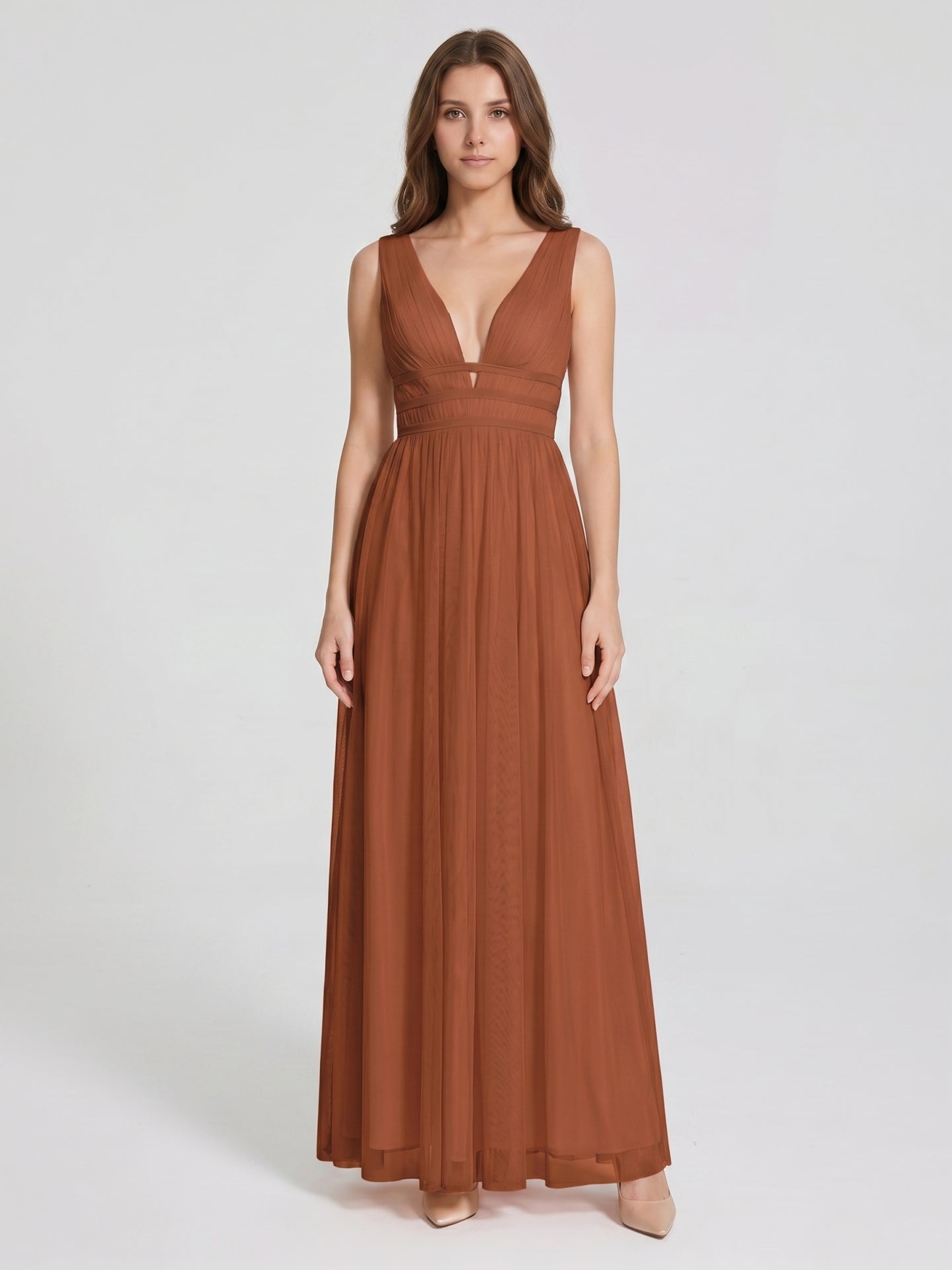 Terracotta Tulle A-Line V-Neck V-Back Floor-Length Pleated Bridesmaid Dress - Curvevia