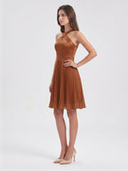 Terracotta Chiffon A-Line Halter Back Zip Knee-Length Pleated Bridesmaid Dress - Curvevia