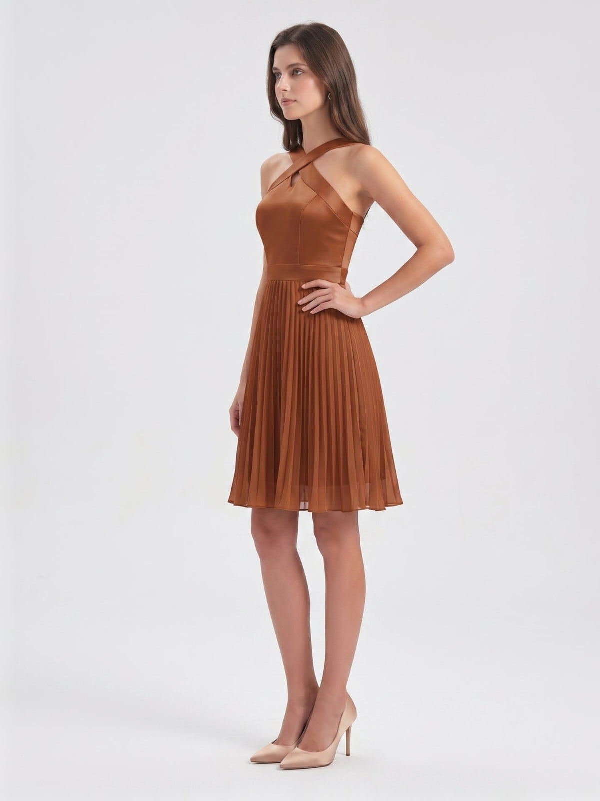 Terracotta Chiffon A-Line Halter Back Zip Knee-Length Pleated Bridesmaid Dress - Curvevia