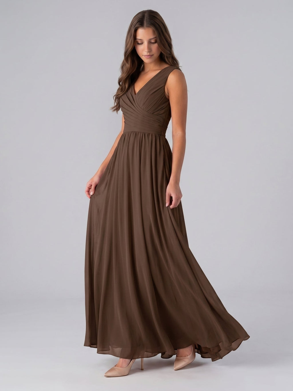 Mocha Chiffon A-Line V-Neck Back Zip Floor-Length Pleated Bridesmaid Dress - Curvevia