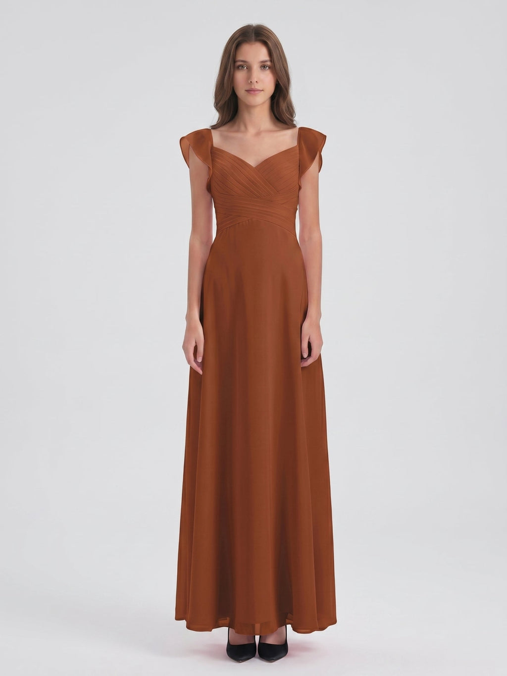 Terracotta Chiffon Sheath V-Neck Backless Floor-Length Ruffle Bridesmaid Dress - Curvevia