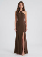 Mocha Chiffon Trumpet Halter Keyhole Back Ankle-Length Bridesmaid Dress - Curvevia