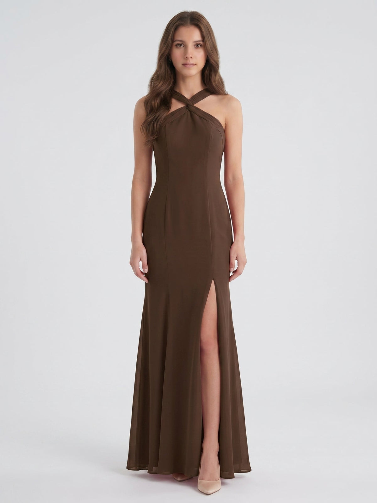 Mocha Chiffon Trumpet Halter Keyhole Back Ankle-Length Bridesmaid Dress - Curvevia