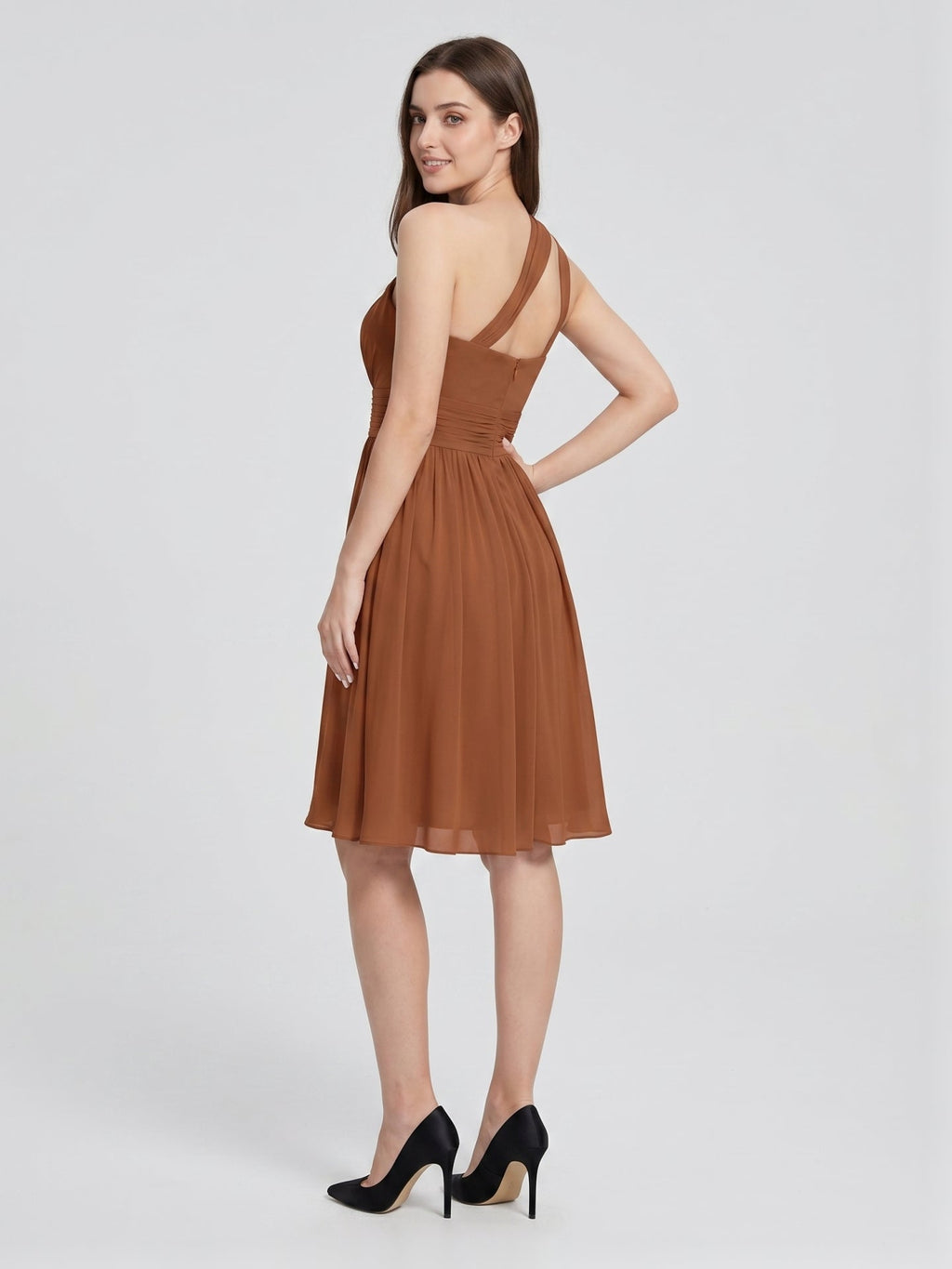 Terracotta Chiffon A-Line One Shoulder Backless Knee-Length Pleated Bridesmaid Dress - Curvevia