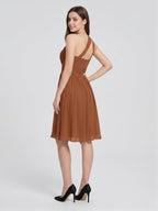 Terracotta Chiffon A-Line One Shoulder Backless Knee-Length Pleated Bridesmaid Dress - Curvevia