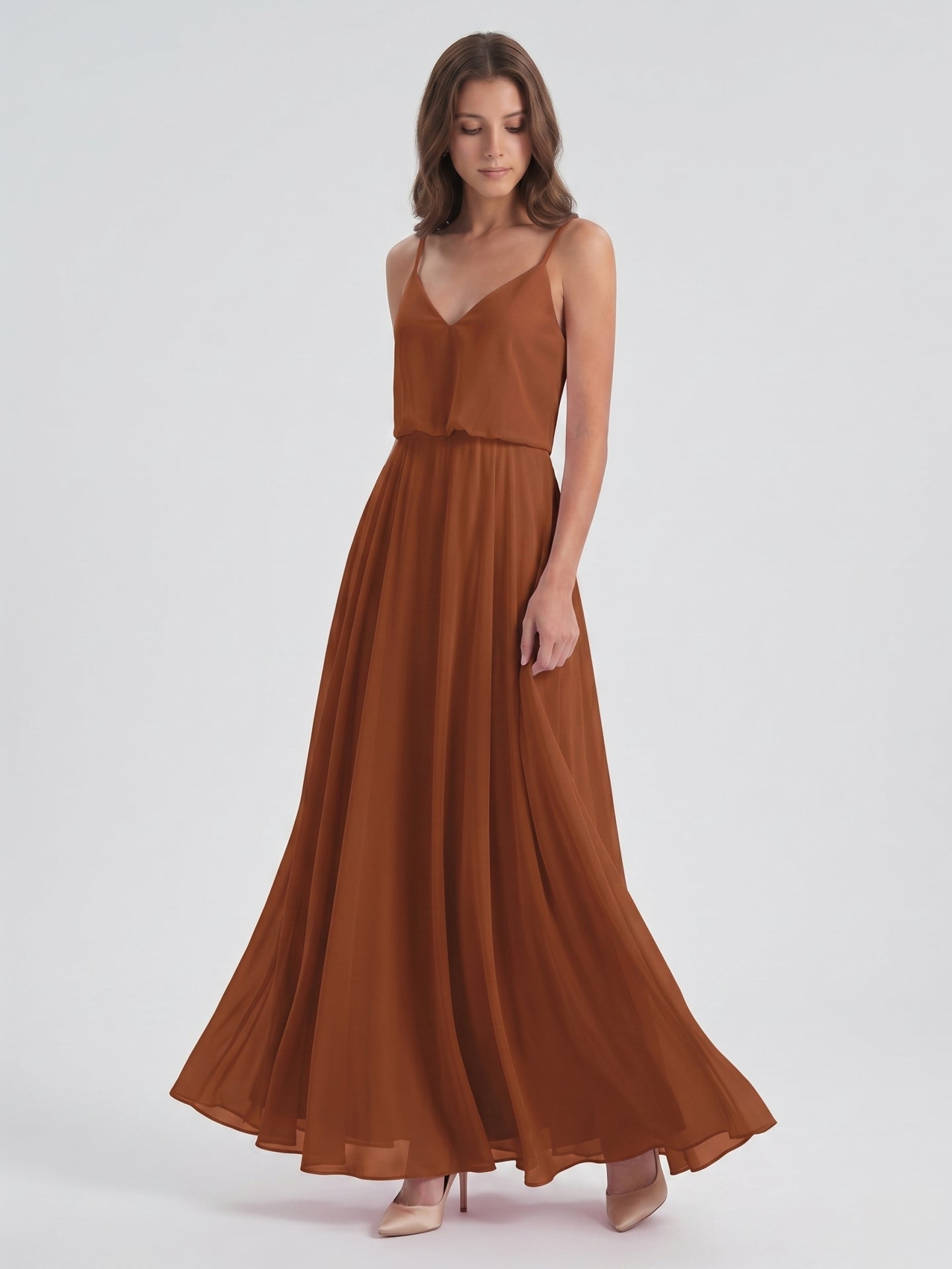 Terracotta Chiffon A-Line V-Neck Backless Floor-Length Bridesmaid Dress - Curvevia