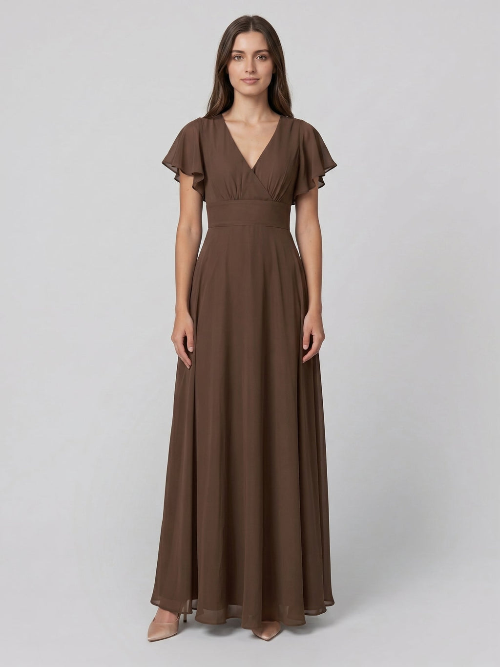 Mocha Chiffon A-Line V-Neck Back Zip Floor-Length Ruffle Bridesmaid Dress - Curvevia