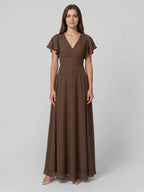 Mocha Chiffon A-Line V-Neck Back Zip Floor-Length Ruffle Bridesmaid Dress - Curvevia
