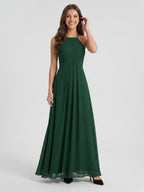 Forest Green Chiffon A-Line Halter Back Zip Floor-Length Ruffle Bridesmaid Dress - Curvevia