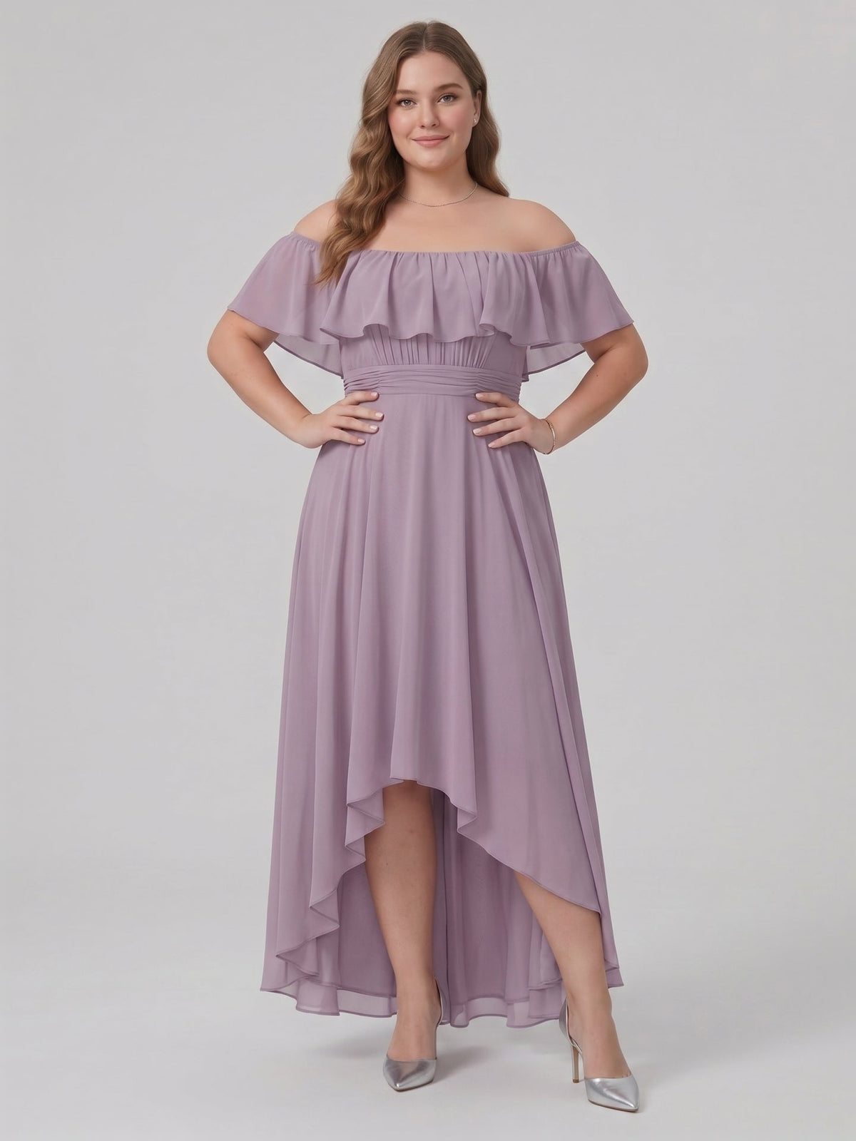 Sweet & Flowy lavender Chiffon A-Line Off-the-Shoulder Backless Asymmetrical Plus Size Bridesmaid Dress - Curvevia