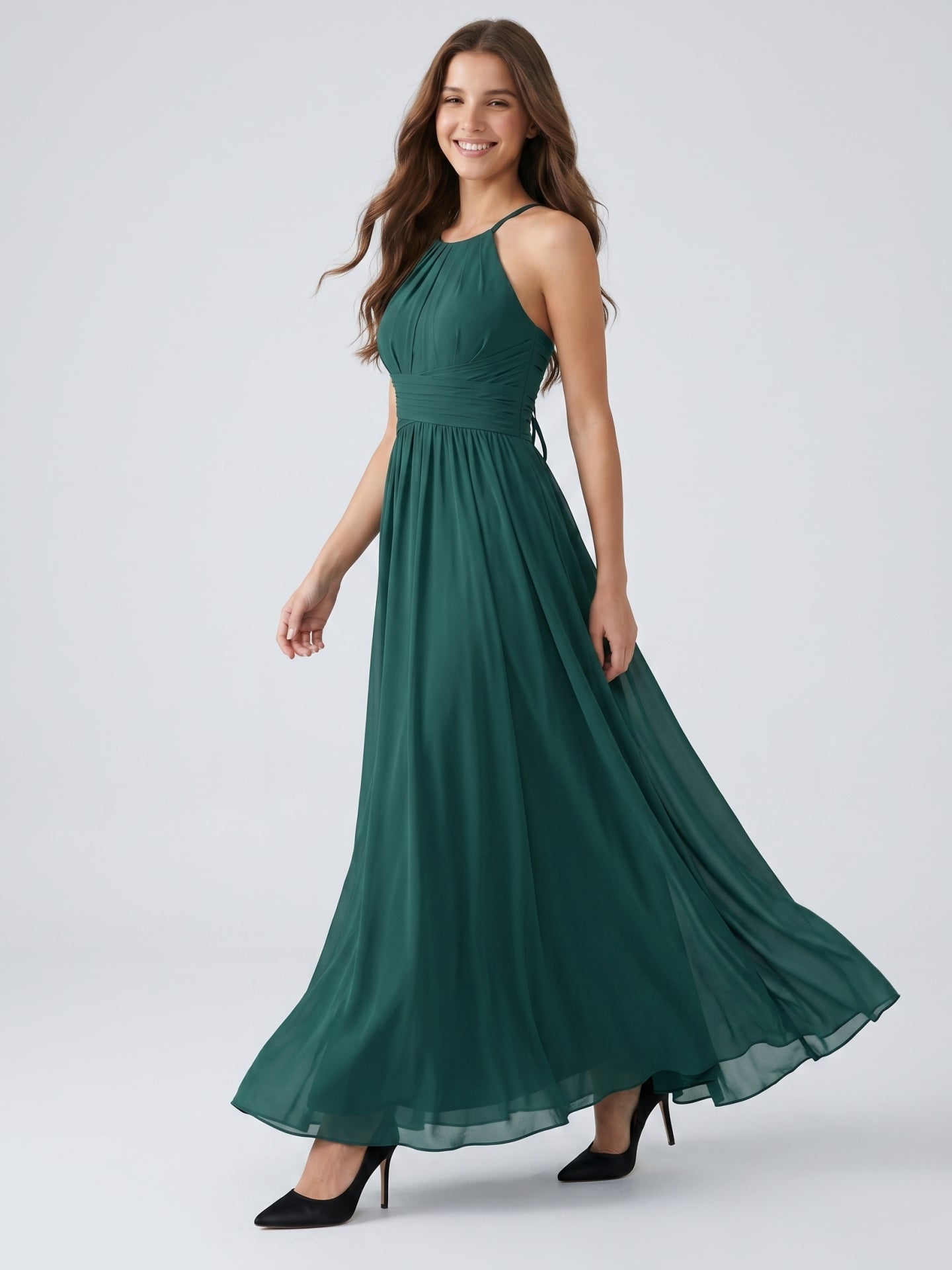 Peacock Chiffon A-Line Halter Criss-Cross Back Floor-Length Pleated Bridesmaid Dress - Curvevia