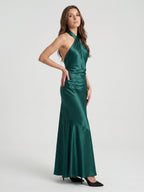 Peacock Satin Sheath Halter Backless Floor-Length Pleated Bridesmaid Dress - Curvevia