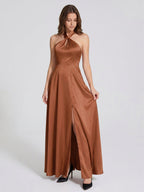 Terracotta Satin A-Line Halter Lace-Up Back Floor-Length Bridesmaid Dress with Bow - Curvevia