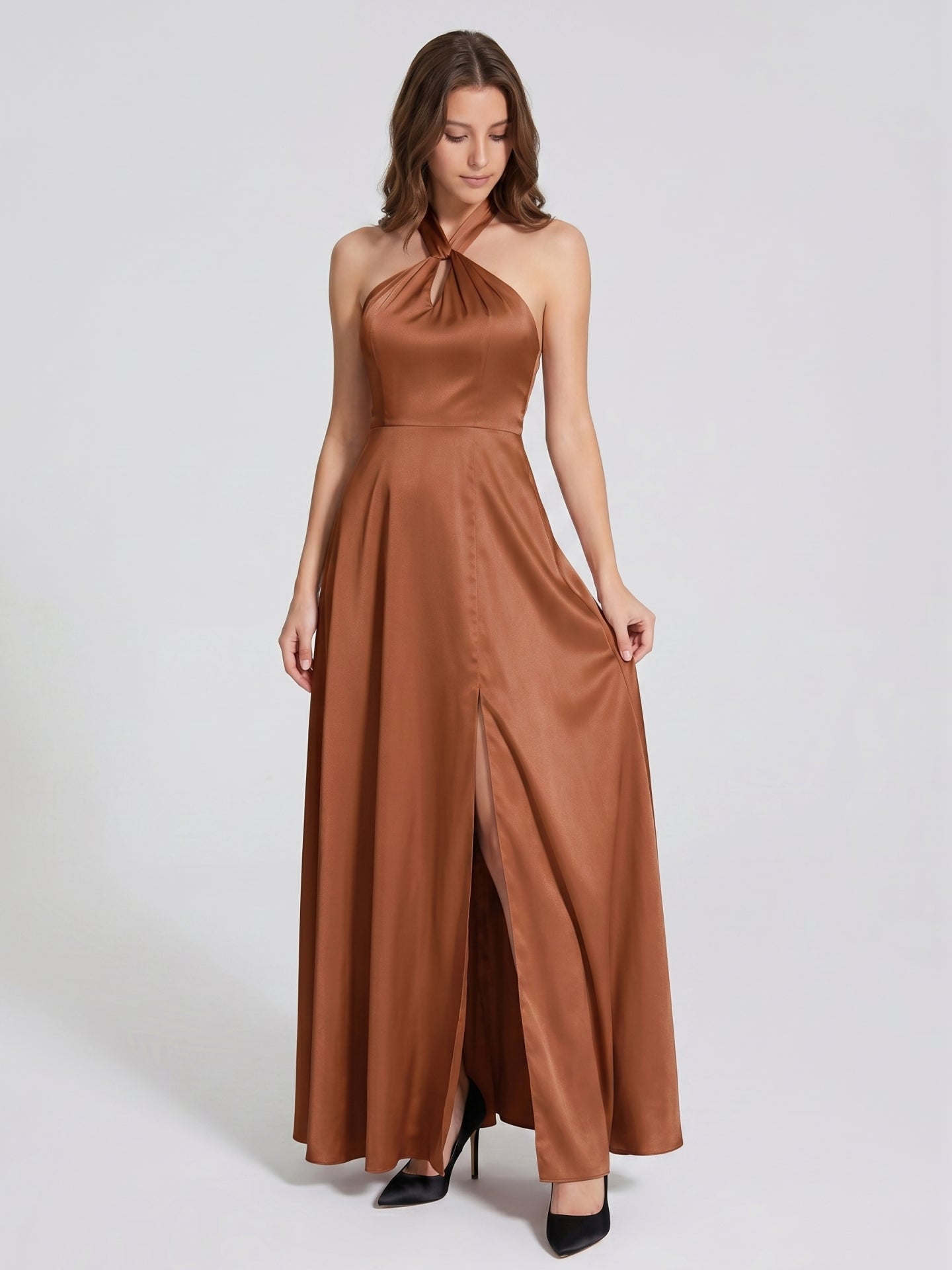 Terracotta Satin A-Line Halter Lace-Up Back Floor-Length Bridesmaid Dress with Bow - Curvevia