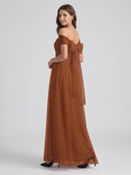 Terracotta Tulle A-Line Off-the-Shoulder Backless Floor-Length Bridesmaid Dress with Bow - Curvevia